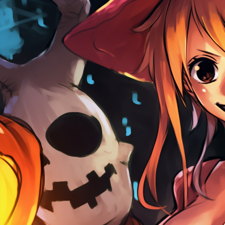 Luffy and Nami in Halloween costumes, vivid colors and playfully spooky background. anime characters matching pfp pfp for discord.