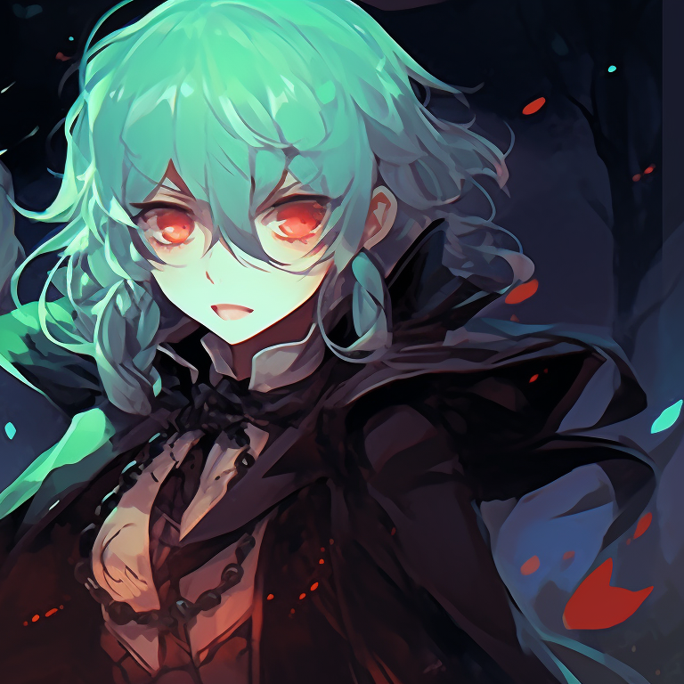 Two characters in ghostly apparels, immersed against a backdrop of a haunted forest, with the use of gradated blues and greens creating an eerie atmosphere. genshin impact halloween theme cosplay pfp for discord.