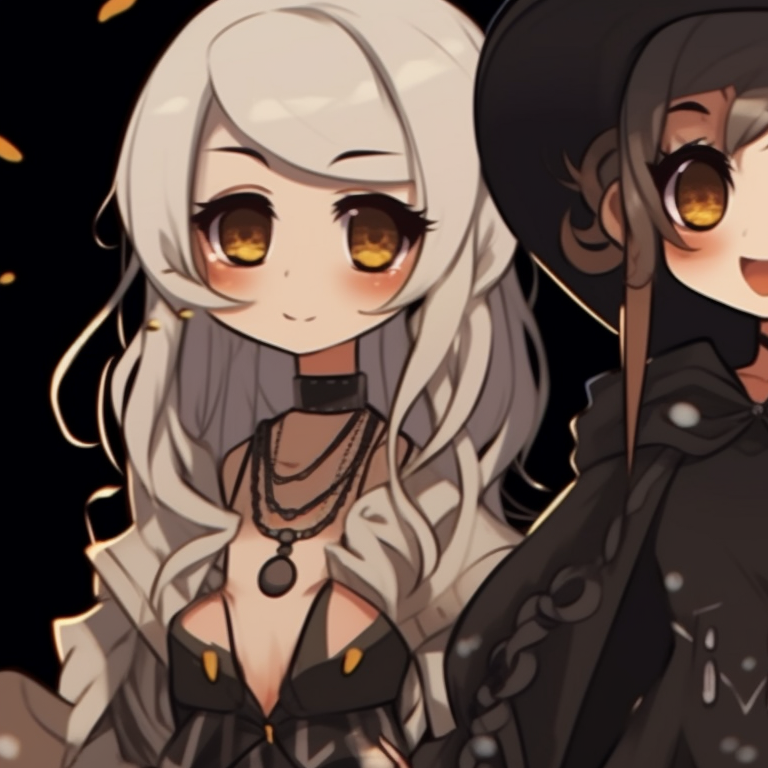 Five characters, witchy apparel with intricate detailing, against an obsidian-black background. perfect halloween matching pfp for group of 5 pfp for discord.