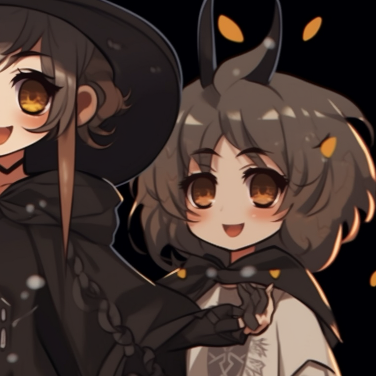 Five characters, witchy apparel with intricate detailing, against an obsidian-black background. perfect halloween matching pfp for group of 5 pfp for discord.