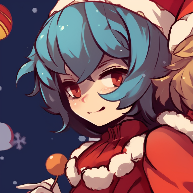 Two characters in festive attire, bold lines and warm colors, holding Christmas ornaments. creative matching christmas art pfp pfp for discord.