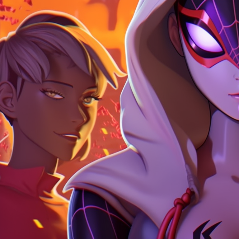 Detailed image of Gwen and Miles, matching Halloween outfits, while outlines are sharp and striking. gwen and miles halloween theme matching wallpapers pfp for discord.