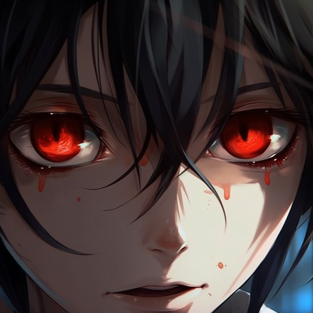 A yandere girl's gaze, focus on her dilated pupils, and the stark contrast between the whites and vibrant iris. epic anime eyes pfp girl images