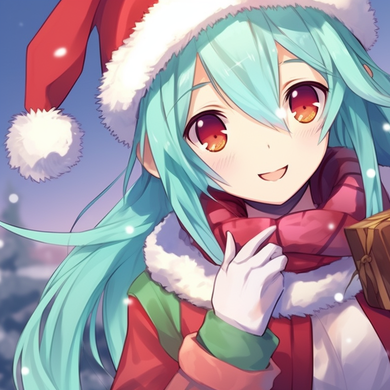 Two Hatsune Miku characters singing a holiday song, bold lines and vibrant expressions, subtle Christmas decorations looming in the background. christmas with hatsune miku matching pfp pfp for discord.