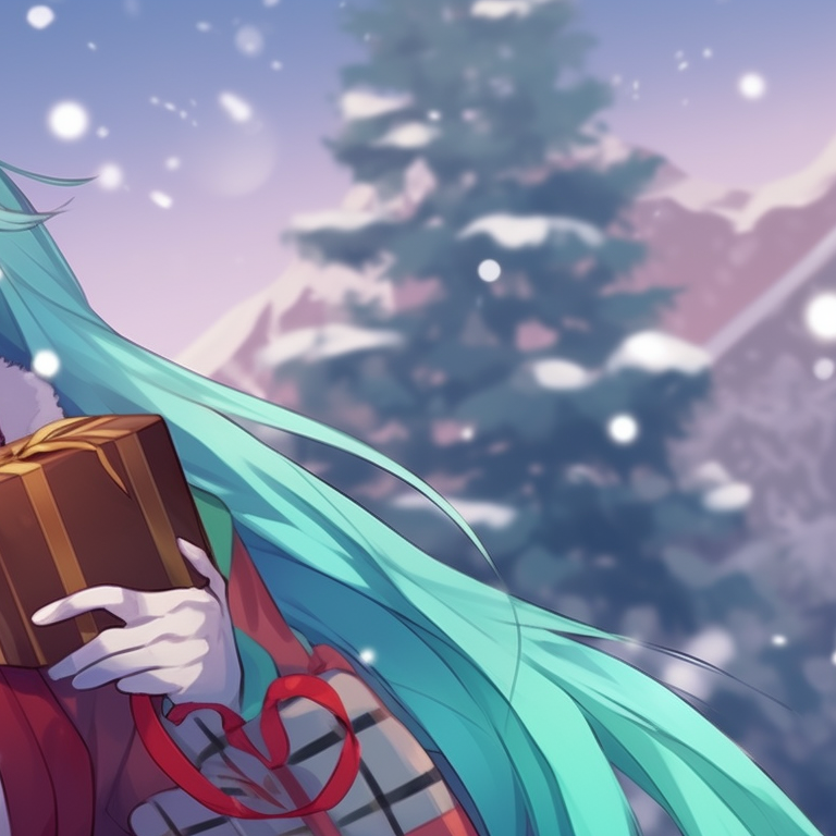 Two Hatsune Miku characters singing a holiday song, bold lines and vibrant expressions, subtle Christmas decorations looming in the background. christmas with hatsune miku matching pfp pfp for discord.