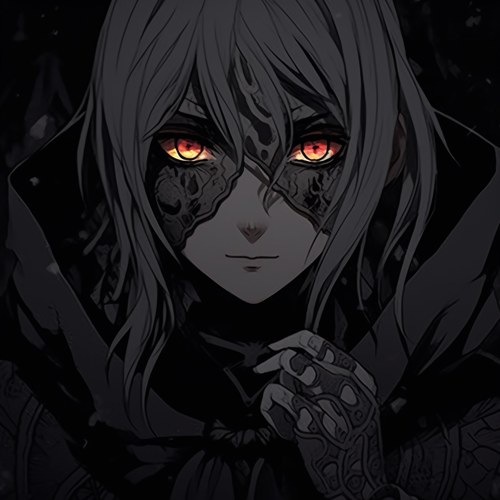 Dark anime character portraying a sinister smile, deep shadows and chilling expression. mysterious dark aesthetic pfp pfp for discord.