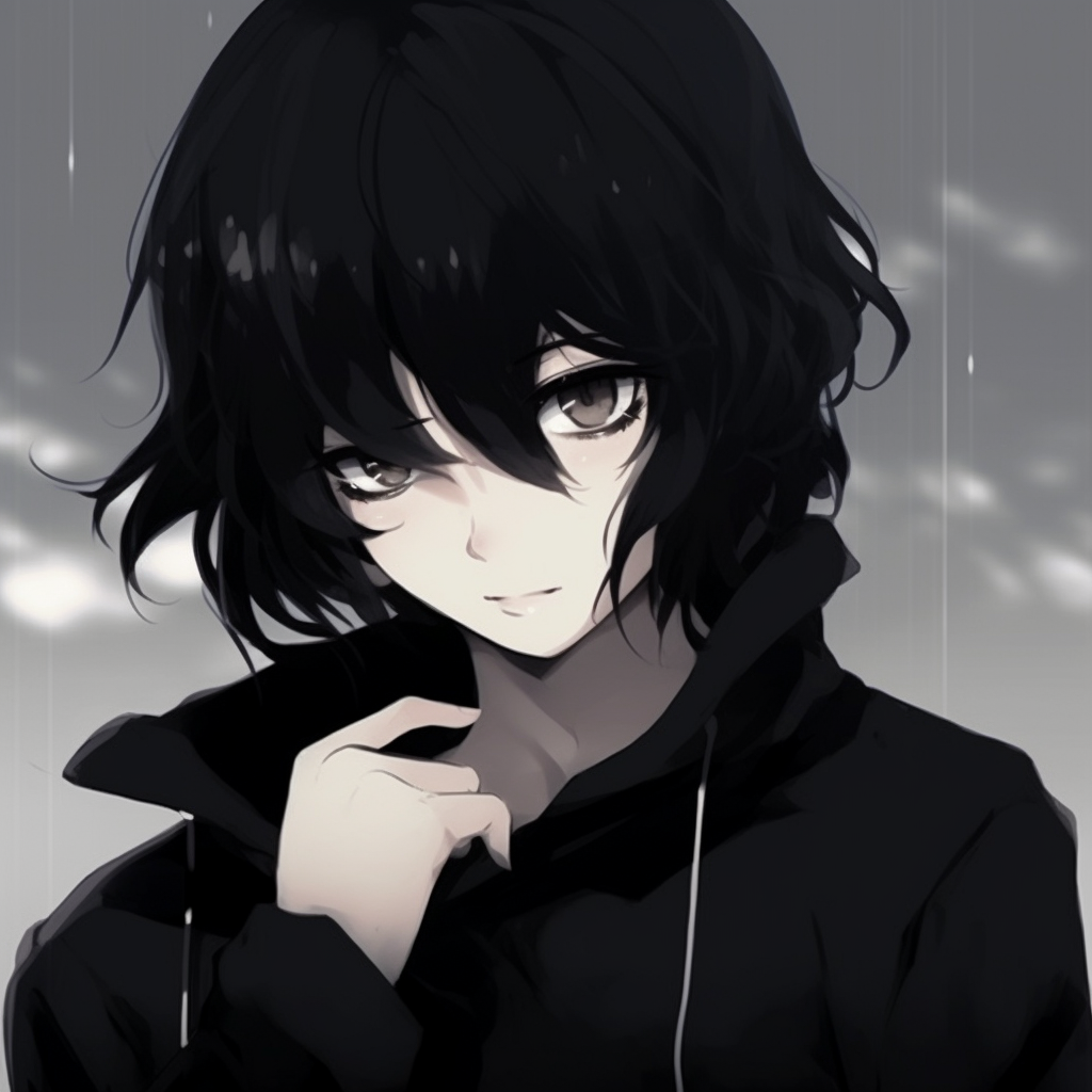 Anime girl with dark-themed, stark contrasts between lighter skin and darker hair and clothing. unique emo anime pfp