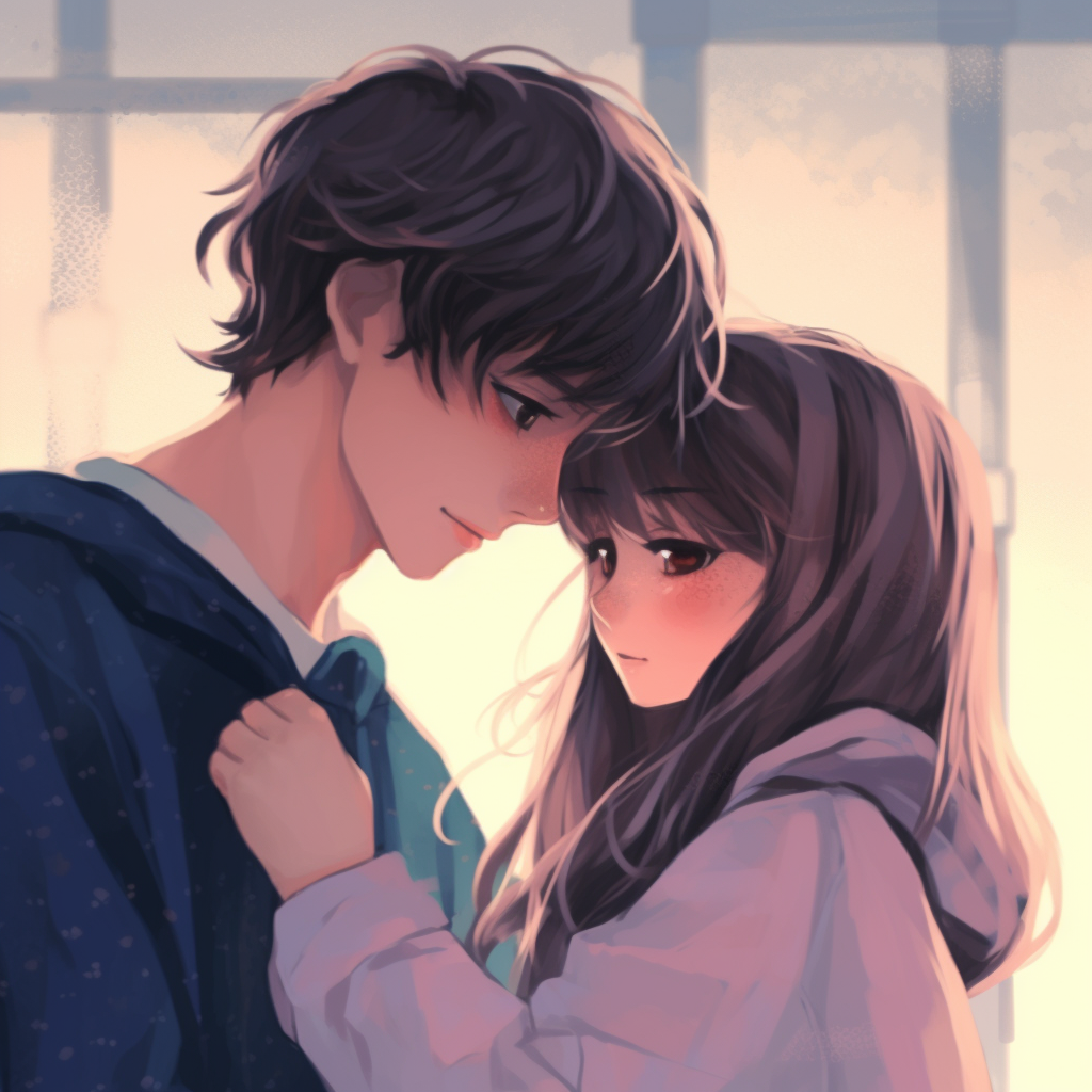 A young love anime couple PFP, soft shading and vibrant colors. adorable couple anime pfp