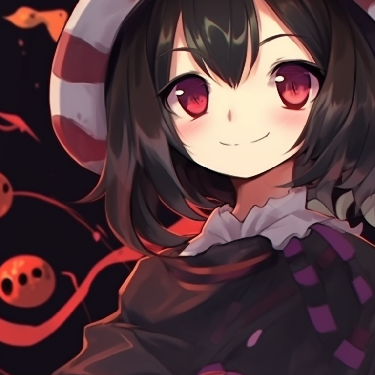 Close-up of Obanai and Mitsuri, unique pumpkin decorations on their outfits. obanai mitsuri halloween theme amazing matches pfp for discord.