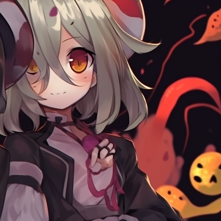 Close-up of Obanai and Mitsuri, unique pumpkin decorations on their outfits. obanai mitsuri halloween theme amazing matches pfp for discord.