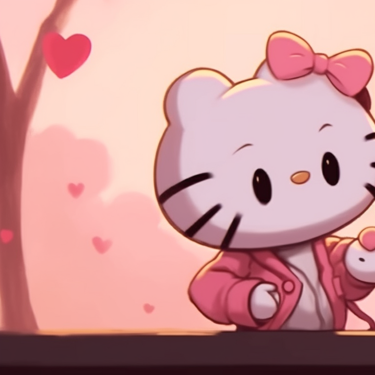 Two characters, warm sunset colors, sitting side-by-side on a bench. hello kitty girl theme matching pfp pfp for discord.