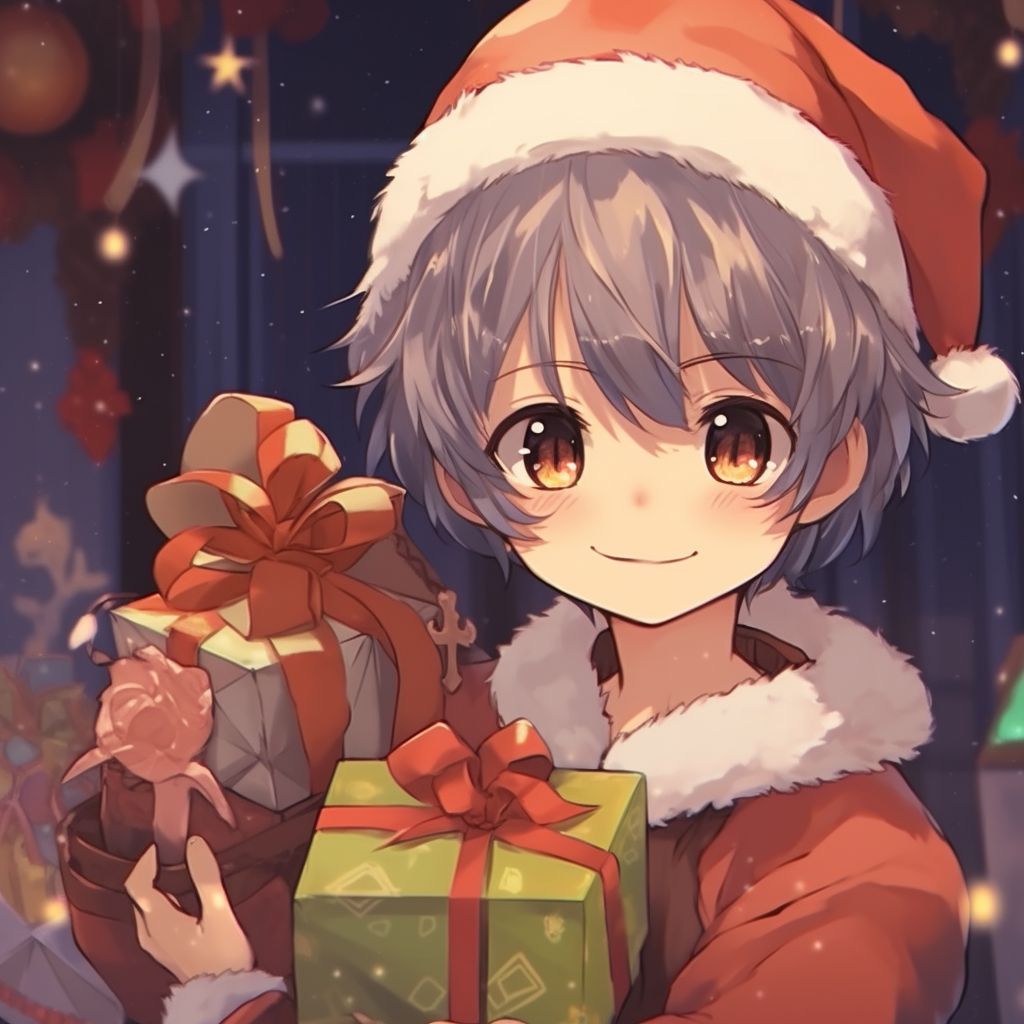 Anime boy with a Christmas eve backdrop, realistic light effects and cool tones. anime boy christmas pfp