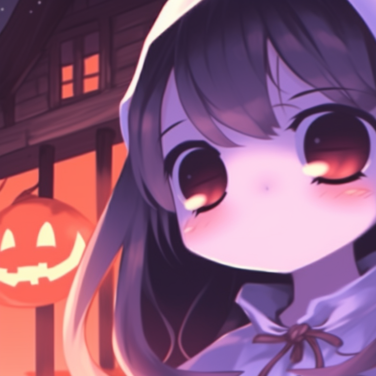 Two characters in ghost-themed costumes, soft pastel shades offset by darker, Halloween-themed background. matching pfp not cringe halloween theme ghost pfp for discord.