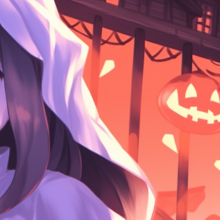 Two characters in ghost-themed costumes, soft pastel shades offset by darker, Halloween-themed background. matching pfp not cringe halloween theme ghost pfp for discord.