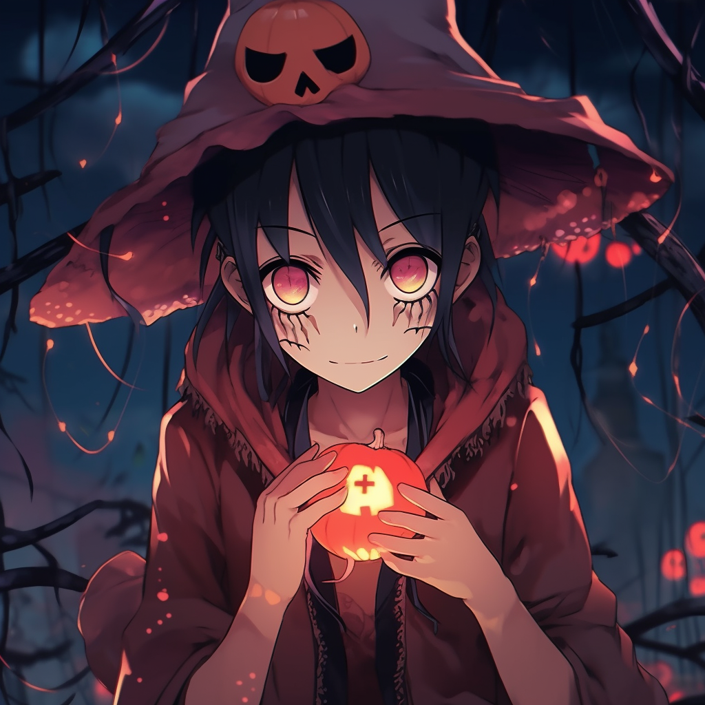 Luffy in ghostly pirate costume, eerie lights and faded colors. halloween anime pfp for boys