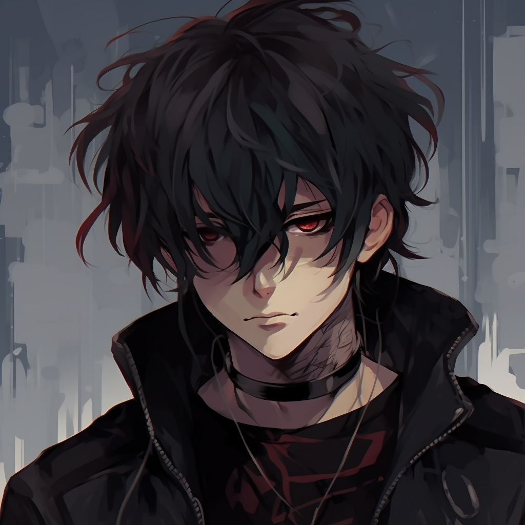 Emo male anime character with slick black hair, washed out colors and detailed shading. emo male anime pfp