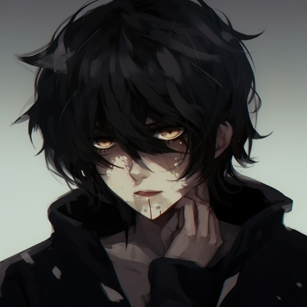 Emo anime character depicted in shadow, emphasis on the stark contrast and mysterious aura. emo pfp anime aesthetic