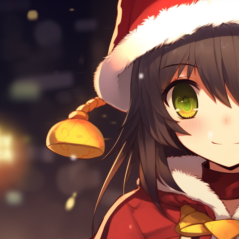 Megumin and another character under a string of Christmas lights, characterized by vivid colors and a cheerful aura. matching megumin christmas pfp choices pfp for discord.