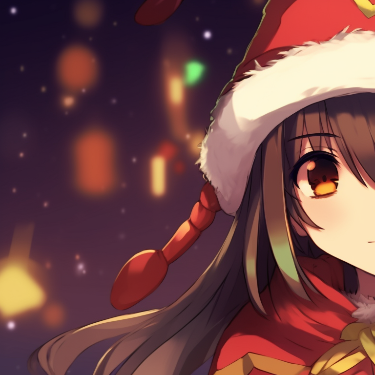 Close-up of Megumin and another character, both clad in Santa hats, with an emphasis on the warm colors and detailed facial expressions. matching megumin christmas pfp choices pfp for discord.