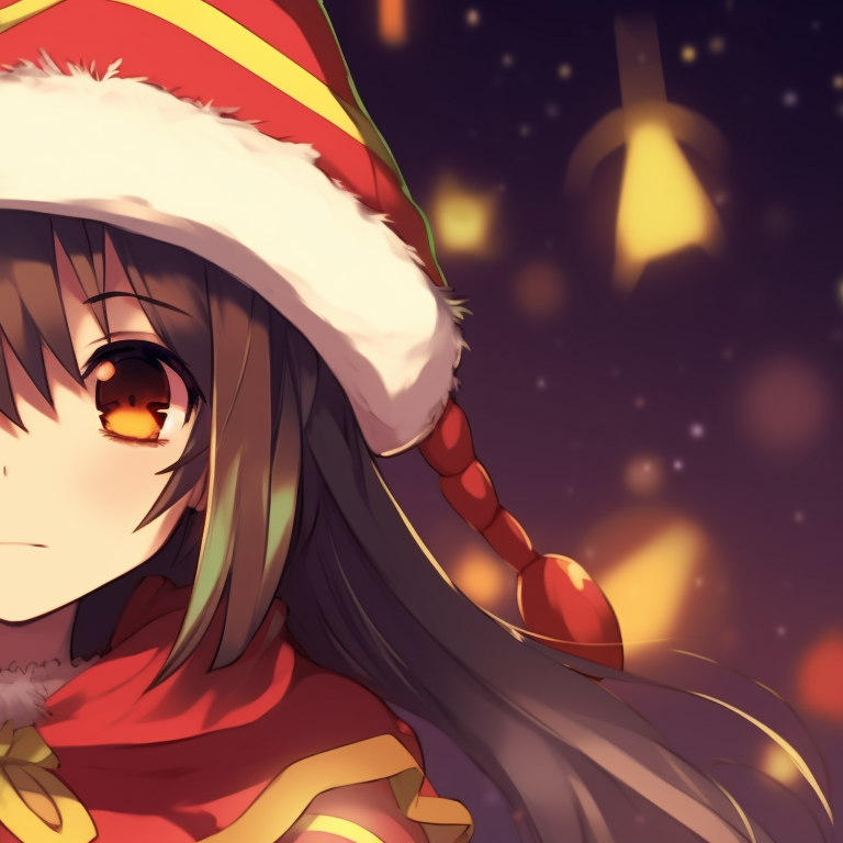Close-up of Megumin and another character, both clad in Santa hats, with an emphasis on the warm colors and detailed facial expressions. matching megumin christmas pfp choices pfp for discord.