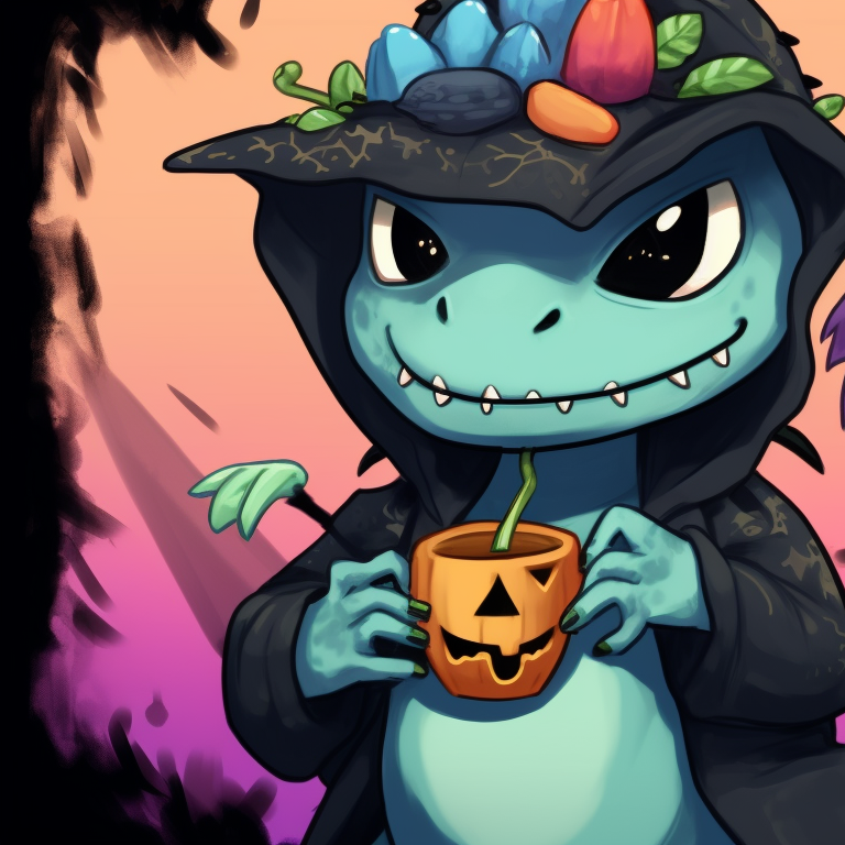 Two dinosaur characters donned in Halloween cloaks, intense eyes and eerie lighting. artistic dino matching pfp halloween theme pfp for discord.
