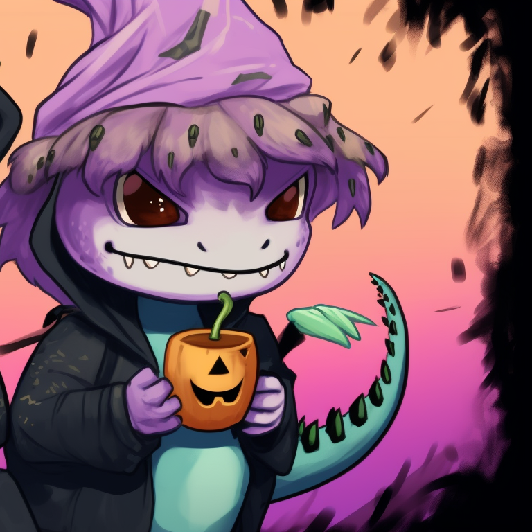 Two dinosaur characters donned in Halloween cloaks, intense eyes and eerie lighting. artistic dino matching pfp halloween theme pfp for discord.