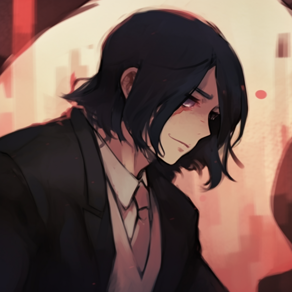 Close-up of an antagonist's intensified look, detailed line art and bold contrast. anime arousing suspicion pfp pics