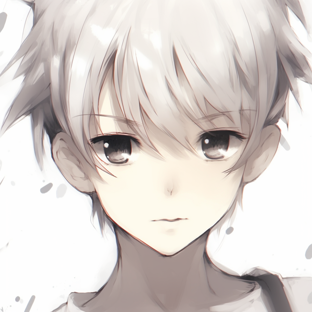A focused, younger boy character in white, details emphasizing on his resolute gaze, spiky hair, and vigorous pose. popular white anime pfp selection