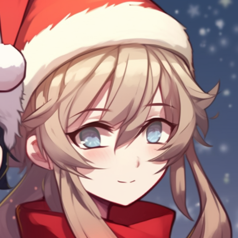Hu Tao and another character with Santa hats, vibrant holiday colors, soft lines and cheery expressions. top matching hu tao christmas pfp pfp for discord.