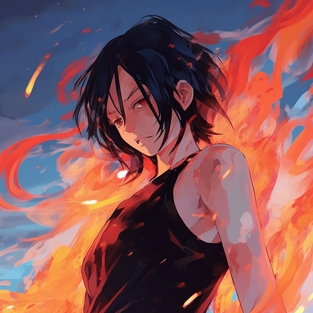 Close-up of character's eyes filled with fiery determination, intense colors and sharp lines. female fire anime pfp