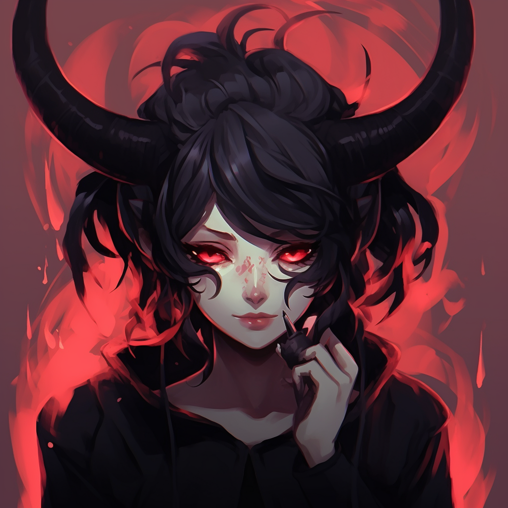 A demon girl depicted in traditional attire, highlighted by rich patterns and detailed costume elements. anime demon girl pfp ideas pfp for discord.