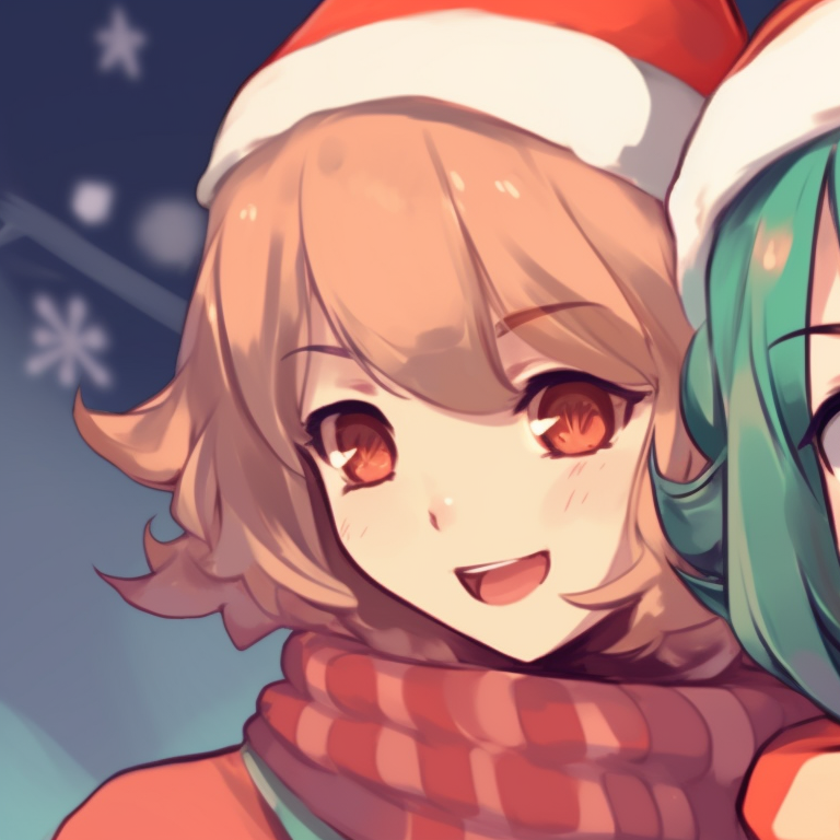Close-up of two characters under a holiday decoration, displaying detailed facial expressions and intricate hat designs. stylish matching aesthetic pfp for christmas pfp for discord.