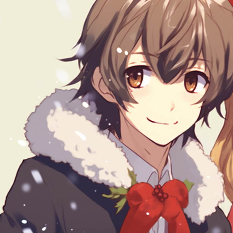 Two characters, shimmering magical details, in Santa suits, laughing under a refreshing Christmas tree. anime inspired matching christmas pfp gif pfp for discord.