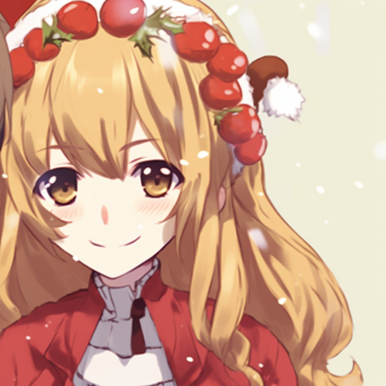 Two characters, shimmering magical details, in Santa suits, laughing under a refreshing Christmas tree. anime inspired matching christmas pfp gif pfp for discord.