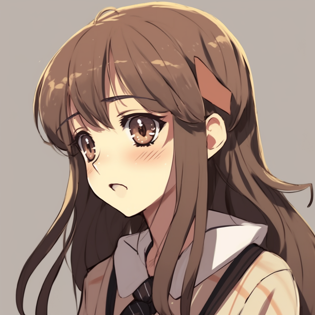 Close-up of a serene-looking girl in a school uniform, rosy hues and fine details. unique female anime pfp pfp for discord.