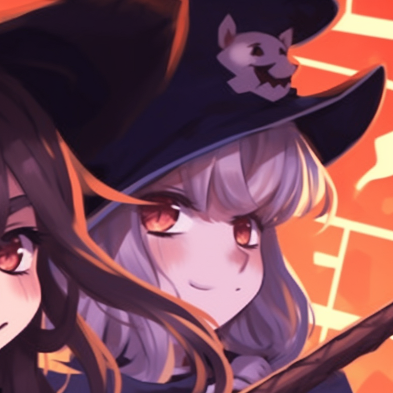Two characters in witch costumes, contrasting colors, magical elements in background. spooky halloween pfp matching pfp for discord.