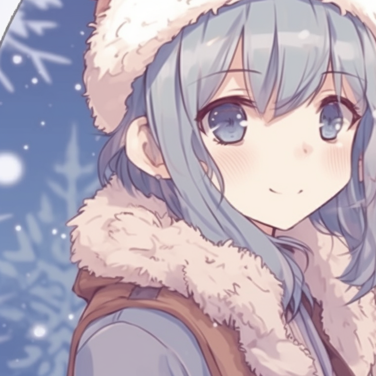 Two characters dressed in winter clothing, icy pastel colors and frosty details, standing under a mistletoe. aesthetic matching anime christmas pfp designs pfp for discord.