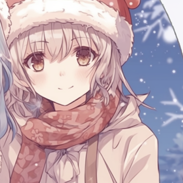 Two characters dressed in winter clothing, icy pastel colors and frosty details, standing under a mistletoe. aesthetic matching anime christmas pfp designs pfp for discord.