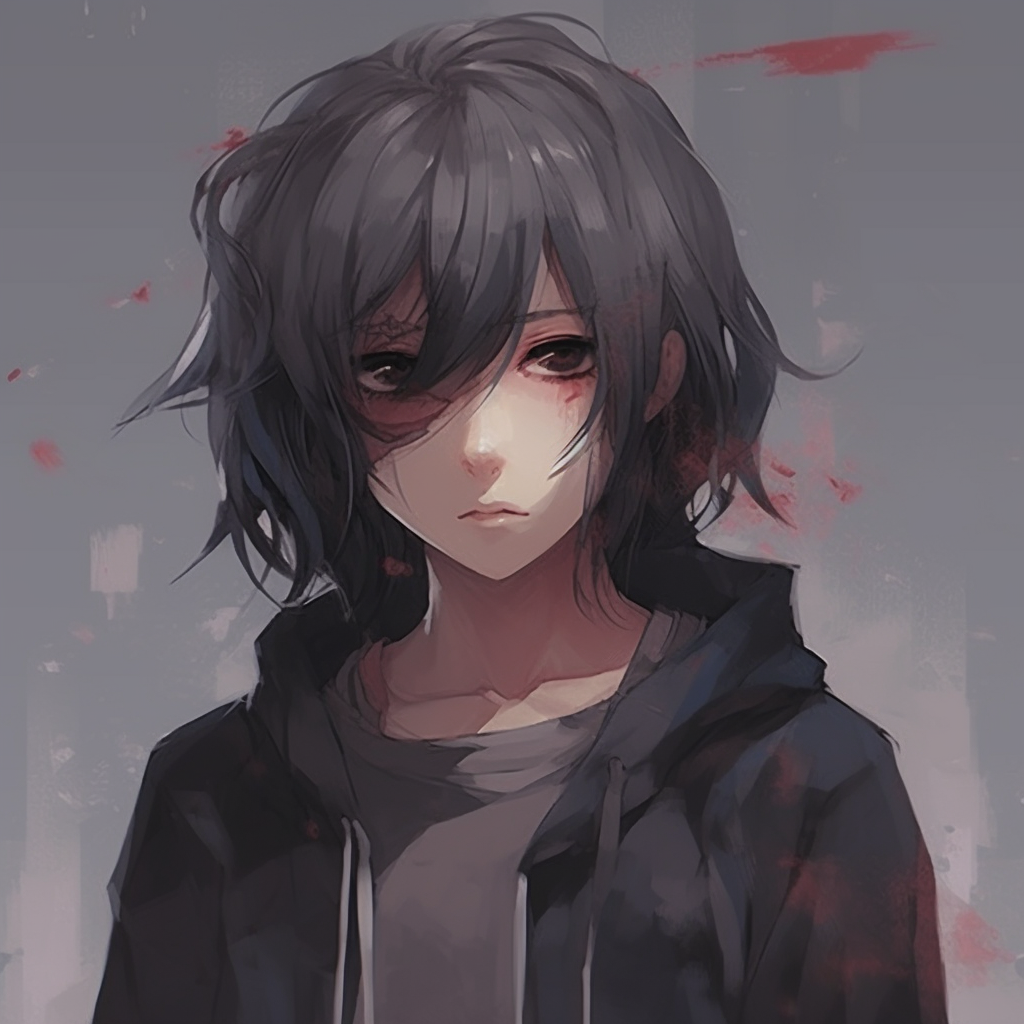 Anime character losing hope, focus on the use of dark tones and negative space. depressed anime characters pfp