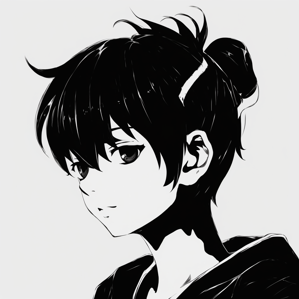 Anime male figure silhouetted against a stark white background, employing minimalistic style. anime profile picture black and white male