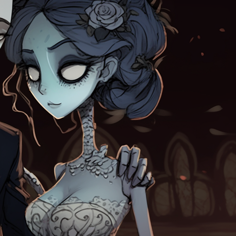 Close-up of the Corpse Bride and her groom, highly detailed with cooler hues. hd pfp corpse bride pfp for discord.