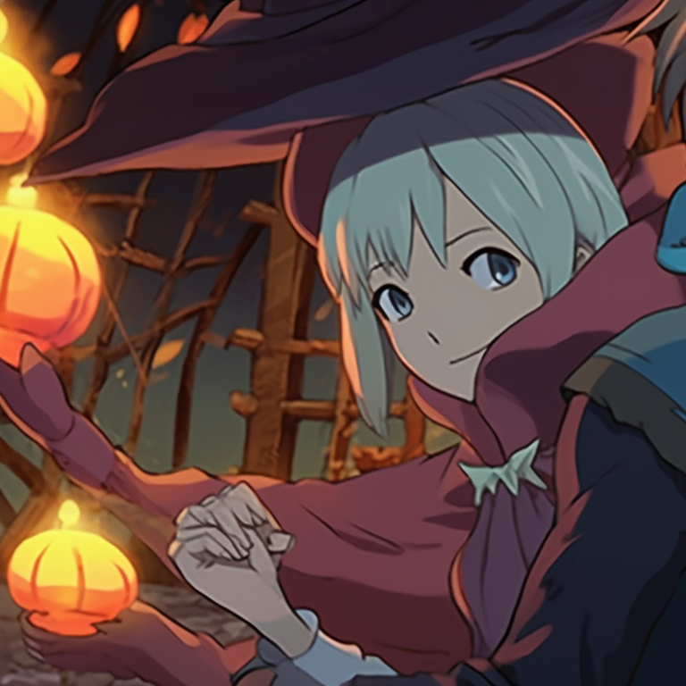 Howl and Sophie in Halloween themed outfits, dark tones and sharp art style, standing against the backdrop of the moving castle. unseen howl's moving castle halloween themed matching pfp pfp for discord.