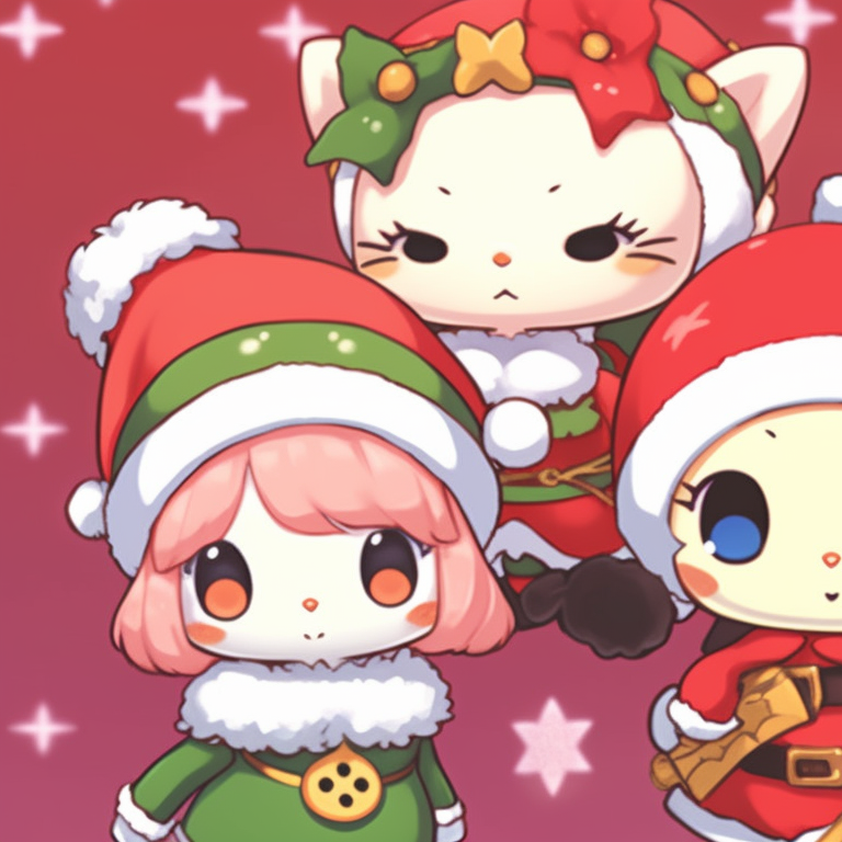 Two characters under a starlit sky, festive clothes and affectionate poses. matching christmas sanrio pfp videos pfp for discord.