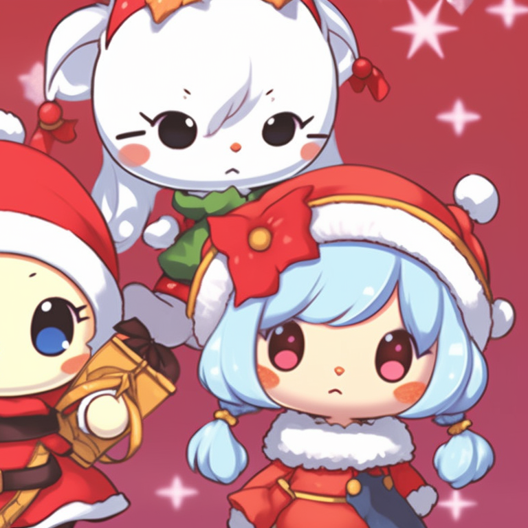 Two characters under a starlit sky, festive clothes and affectionate poses. matching christmas sanrio pfp videos pfp for discord.