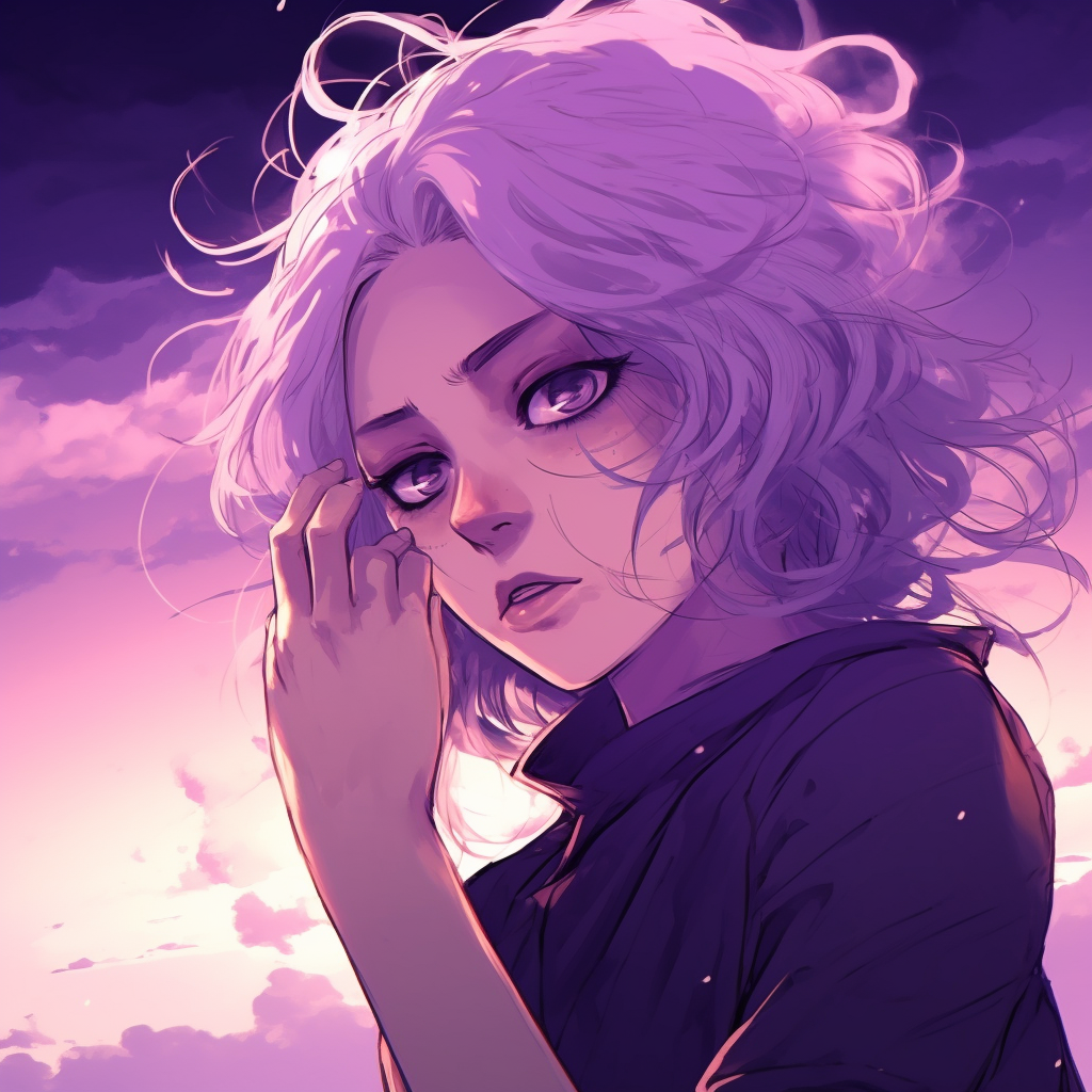 Intense look captured at dusk, the character's elegance highlighted by soft blending of purple and pink shades. anime purple pfp beauties pfp for discord.
