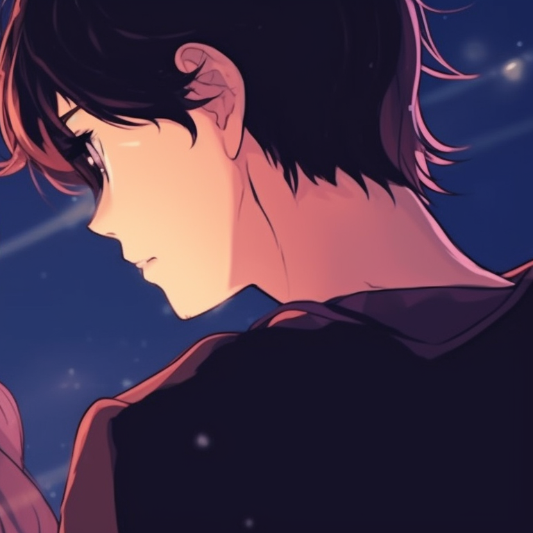 Close-up of two characters, one whispering into the other's ear, with deep Contentment on their faces. charming matching couple pfp pfp for discord.