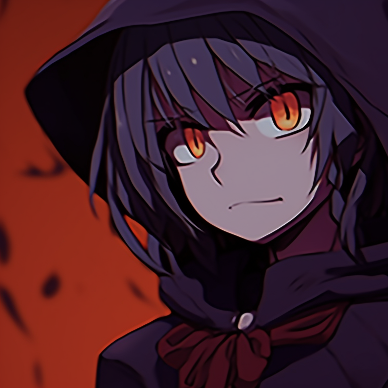 Two anime characters in a loving stance, one character tenderly cups the other's face, their Halloween costumes are intricate and imposing. matching meme pfp from halloween films pfp for discord.