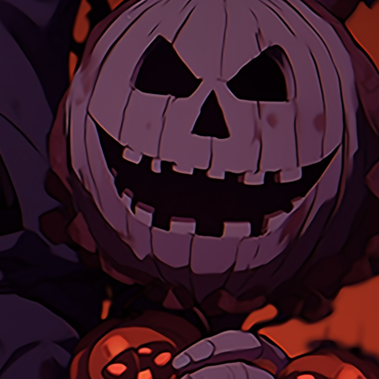 Two anime characters in a loving stance, one character tenderly cups the other's face, their Halloween costumes are intricate and imposing. matching meme pfp from halloween films pfp for discord.