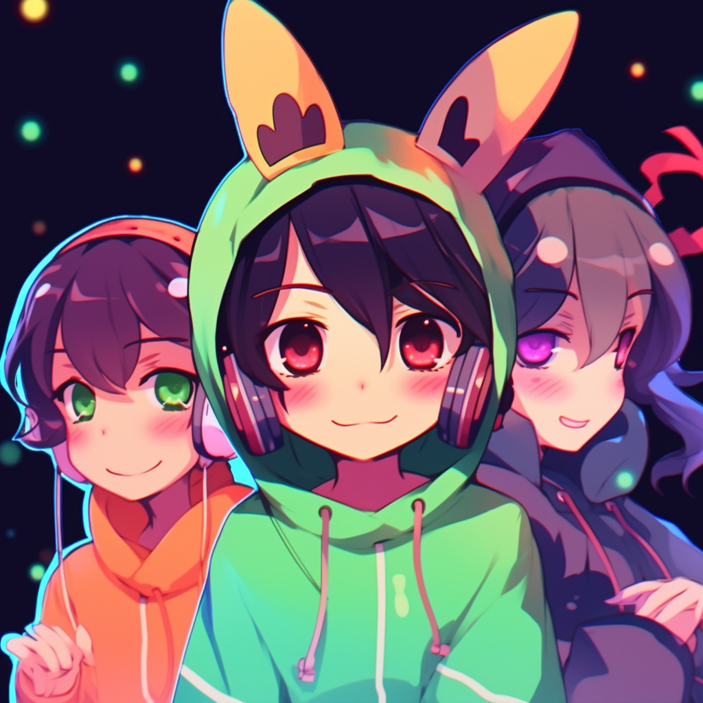 Three chibi characters with vibrant neon touches and expressive faces. anime 3 matching pfp aesthetics