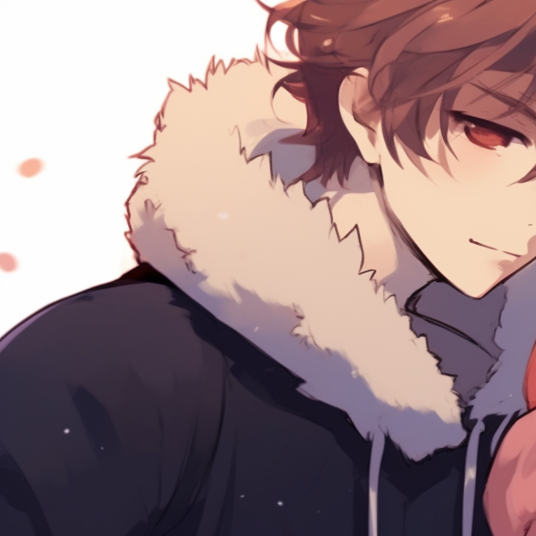 Two characters in fluffy outfits, sharing a cozy moment, bright colors with a muted background. cuddly matching pfp for bf and gf pfp for discord.